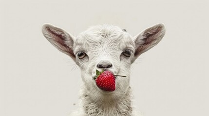 Wall Mural -   A close-up of a sheep holding a straw in its mouth and a strawberry nearby