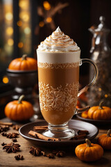 Wall Mural - Pumpkin latte with spice topped with whipped cream and cinnamon in a glass mug, generated AI