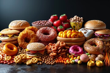 Wall Mural - National Junk Food Day vector. Fast food pile of junk food vector. Pile of fried and sweet goodies 