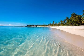 Wall Mural - Tropical paradise beach with white sand and coco palms. Travel tourism wide panorama background concept
