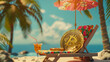 Crypto Summer: A Bitcoin Sunbathes in Tropical Paradise, Escape to Crypto Island and have Fun - Image made using Generative AI