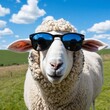 Funny sheep stands confidently wearing sunglasses on green grass meadow.