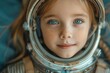 A young child gazes upward while clad in an astronaut suit, symbolizing curiosity and future goals
