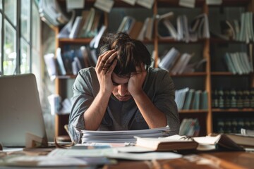 Stressed man with head in hands at desk, surrounded by paperwork and books, evoking personal toll of financial distress and potential bankruptcy. Bankrupt man, insolvent, defaulte, failure, insolvency