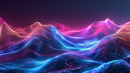 Wall Mural - A vibrant digital waves of neon lights in a spectrum of pink, blue, and purple hues creating a dynamic and flowing digital landscape