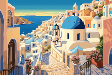 Wall Mural - Illustration of a Santorini city landscape with buildings. Illustration for your design