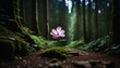 a single pink flower in a dark forest