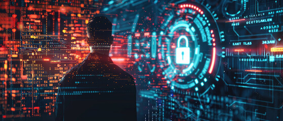 Wall Mural - Person and padlock in dark cyber world, abstract digital data background, secure computer information. Theme of lock, protection, privacy, technology, network