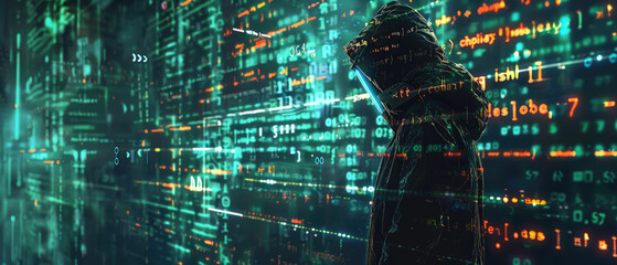 Wall Mural - dark silhouette of hacker on abstract digital data background, green pattern of code and information