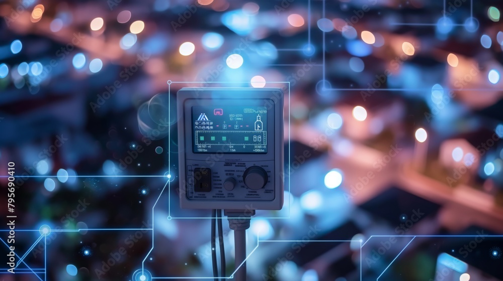Smart meter, Smart metering, Advanced Data Logger Equipment with Connectivity Indicators in a High-Tech Network Hub. A smart meter with digital icons of home appliances around it