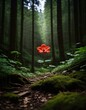 a single red flower blooming in a dark forest