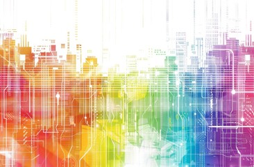 Wall Mural - A background with rainbow colors and white lines representing data curves, binary code patterns, and circuitry designs against an abstract digital backdrop Generative AI