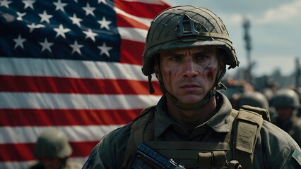 Wall Mural - American soldier with flag in a war zone, intense expressions on the soldiers faces, veterans day, soldier in uniform