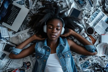 Wall Mural - The top view of picture that about young african american human laying down and listening to the music and focused in the full of the thought and music with room that surrounded with devices. AIGX03.