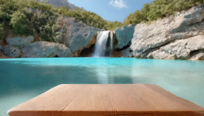 Canvas Print - Empty wooden table with landscape with blue sky with waterfall. Rocky valley landscape with lake, to display or mount your products, space for text
