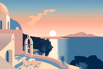 Wall Mural - Santorini island landscape. Pattern with houses. Illustration