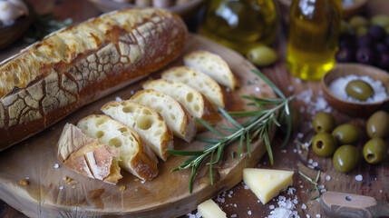 Wall Mural - baguette with cheese and olives