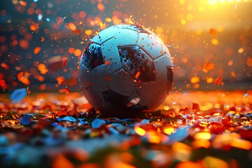 Canvas Print - Soccer ball ! Close up of a soccer ball in the center of the football stadium illuminated by the headlights with falling confetti. Goal Winning celebration as its peak moment.