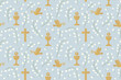 seamless pattern with christian religion icons: dove, chalice and cross and lily of the valley flowers; great for wrapping, greeting cards, invitations- vector illustration