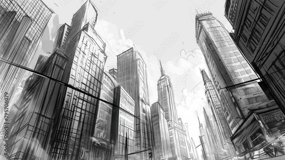 Black and white sketch of a city skyline. The buildings are tall and ...