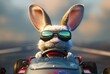 a rabbit wearing sunglasses driving a toy car