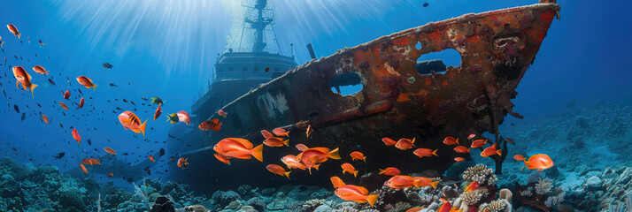 Wall Mural - A ship navigates through the ocean waters as a school of fish swim nearby