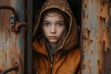 Wall Mural - A little girl in a brown hooded jacket peeks out from a rusty doorway.