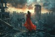 A woman in a flowing red dress stands on ruins, looking out at a destroyed city. The sky is filled with dark clouds and the city is in shambles.