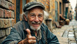 Happy homeless old man gesturing good. Generative AI