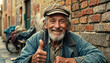 Happy homeless old man gesturing good. Generative AI