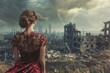A woman in a red dress stands in a field overlooking a destroyed city.