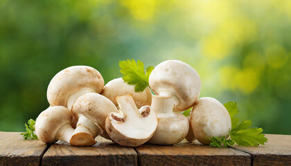 Wall Mural - Fresh mushrooms on wooden table. Natural and tasty vegetable. Organic garden food.