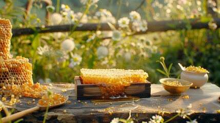 Honeycomb with honey on a wooden table in a garden. Nature blurred background. Concept of summer harvest, natural sweets, organic dessert, outdoor dining, healthy food, and beekeeping. Copy space