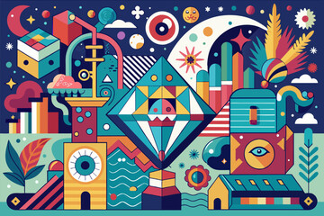 Aufkleber - Colorful abstract illustration with geometric shapes, eyes, plants, and celestial elements.