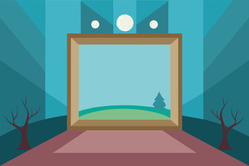 Aufkleber - Illustration of a stage with an empty picture frame in the center, flanked by bare trees on either side, set against a geometric blue background with three spotlights at the top.