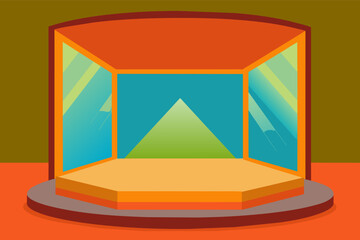 Fototapete - A colorful illustration of an empty stage with a red-orange curtain, yellow platform, and a green triangular backdrop.