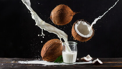 Wall Mural - Levitating coconuts and milk splashes. Tasty and healthy food. Fruity drink.