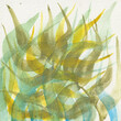 Fondo abstracto de follaje hecho con acuarela en tonos verdes, azules, turquesas y amarillos. Recurso creativo en formato cuadrado con espacio para texto