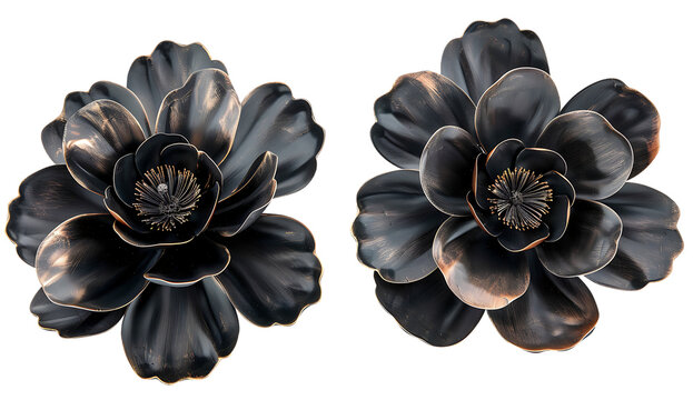 2 pieces of black flower shaped wall decor with bronze accents, isolated on white background.