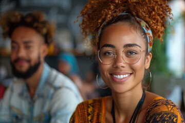 A smiling couple enjoying a casual meal in a restaurant with vibrant artistic decor