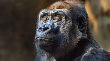 Poster -   A tight shot of a gorilla's face exhibiting an orange-hued gaze