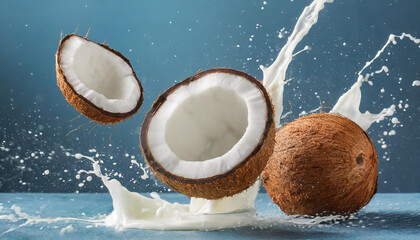 Wall Mural - Levitating coconuts and milk splashes. Tasty and healthy food. Blue background.