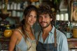 © Larisa AI - A charming and attractive couple pose affectionately in a rustic and inviting café environment
