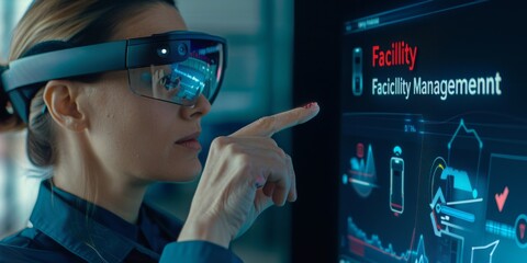Leinwandbilder - Cutting-Edge Facility Management: A Professional Woman Engages with a Futuristic Augmented Reality Interface, Managing Complex Systems and Data Efficiently, Generative AI