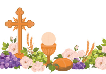 Catholic first communion. Vector. Composition of Christian symbols. Golden cup for wine, crucifix, bread, wine, grapes, white roses. Beautiful design elements for an invitation to the Holy Eucharist.