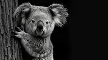   A Black-and-white Image Of A Koala On A Tree Trunk, Head Rested Against The Bark