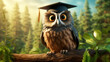 Owl wearing graduation cap perched on branch symbolizing wisdom and learning in lush forest setting. Wise gaze offers inspiration and academic aspiration