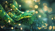 Green snake camouflaged among vibrant pine branches intertwined with soft glowing lights, a natural encounter with holiday cheer