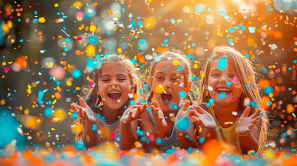 Three Young Girls Playing With Colored Confetti. Generative AI