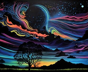 Wall Mural - colourful night sky with tree and hills silhouette 